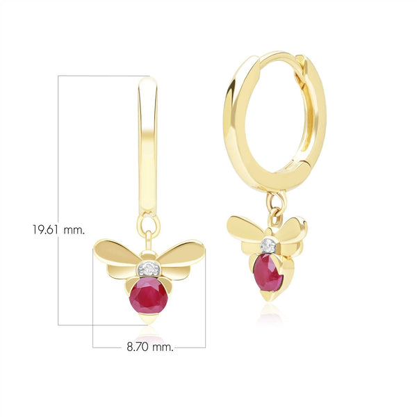 Gemondo Honeycomb Inspired Ruby And Diamond Bee Hoop Earrings In 9ct Yellow Gold