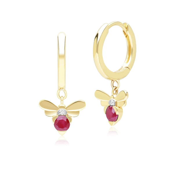 gemondo Honeycomb Inspired Ruby and Diamond Bee Hoop Earrings in 9ct Yellow Gold
