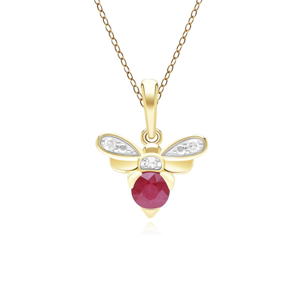 gemondo Honeycomb Inspired Ruby and Diamond Bee Pendant Necklace in 9ct Yellow Gold