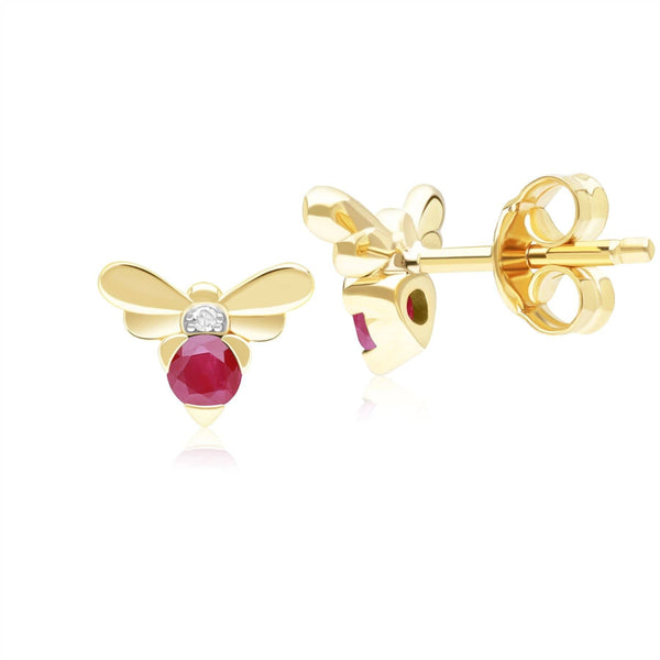 Gemondo Honeycomb Inspired Ruby And Diamond Bee Stud Earrings In 9ct Yellow Gold