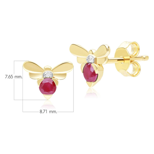 Gemondo Honeycomb Inspired Ruby And Diamond Bee Stud Earrings In 9ct Yellow Gold