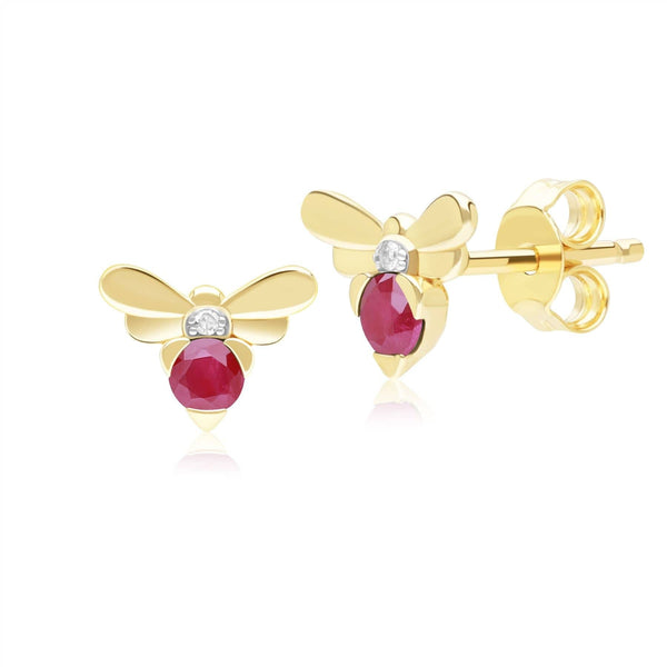 gemondo Honeycomb Inspired Ruby and Diamond Bee Stud Earrings in 9ct Yellow Gold