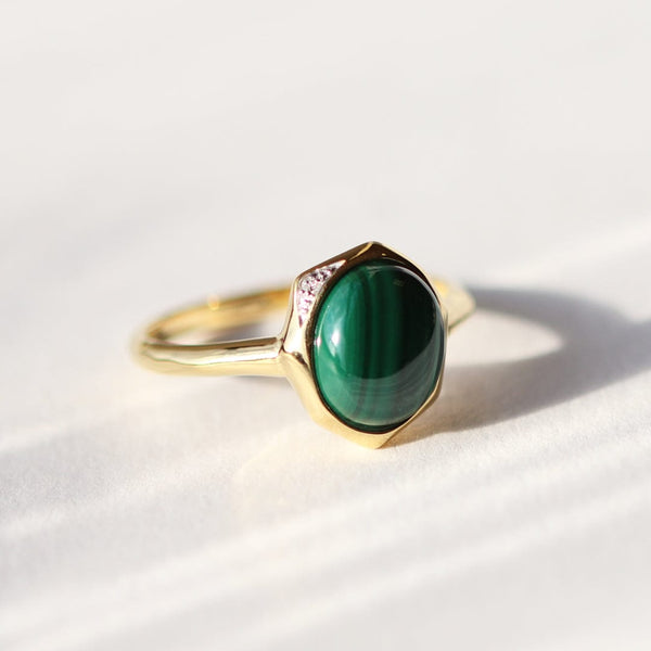 Gemondo Irregular B Gem Malachite & Diamond Ring In Gold Plated Sterling Silver