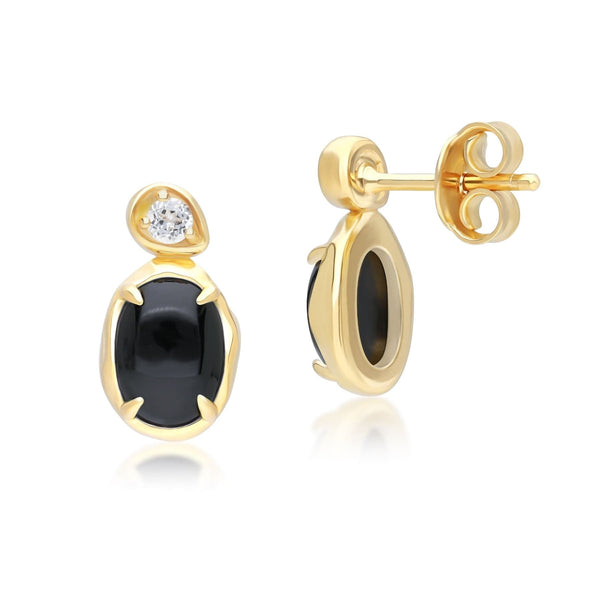 Gemondo Irregular Oval Black Onyx & Topaz Drop Earrings In 18ct Gold Plated SterlIng Silver