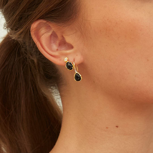 Gemondo Irregular Oval Black Onyx & Topaz Drop Earrings In 18ct Gold Plated SterlIng Silver