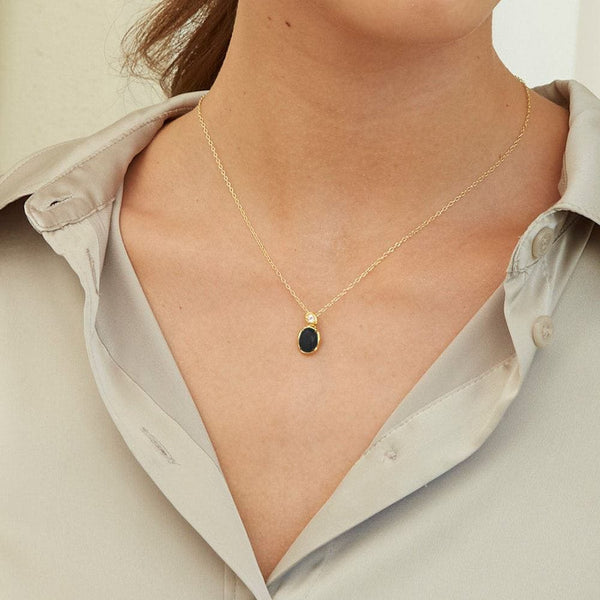 Gemondo Irregular Oval Black Onyx & Topaz Pendant In 18ct Gold Plated SterlIng Silver