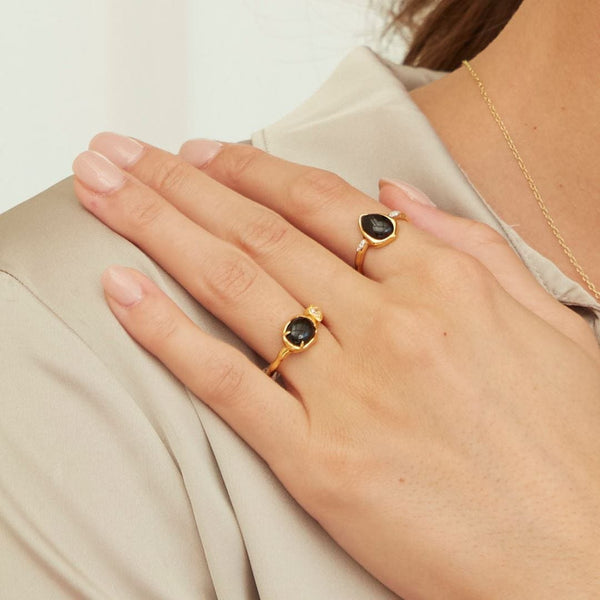 Gemondo Irregular Oval Black Onyx & White Topaz Ring In 18ct Gold Plated SterlIng Silver