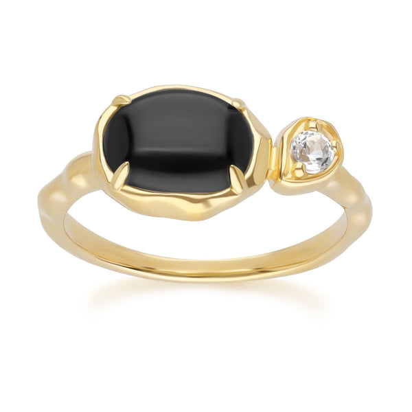 gemondo Irregular Oval Black Onyx & White Topaz Ring In 18ct Gold Plated SterlIng Silver