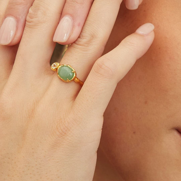 Gemondo Irregular Oval Dyed Green Jade & Topaz Ring In 18ct Gold Plated SterlIng Silver