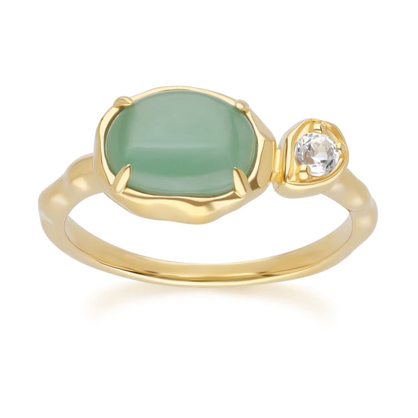 gemondo Irregular Oval Dyed Green Jade & Topaz Ring In 18ct Gold Plated SterlIng Silver