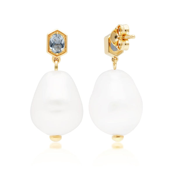 Gemondo Modern Baroque Pearl & Aquamarine Drop Earrings In Gold Vermeil