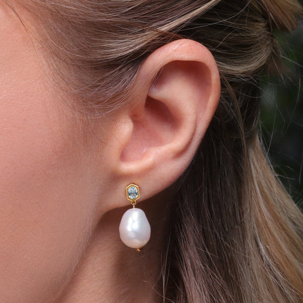Gemondo Modern Baroque Pearl & Aquamarine Drop Earrings In Gold Vermeil