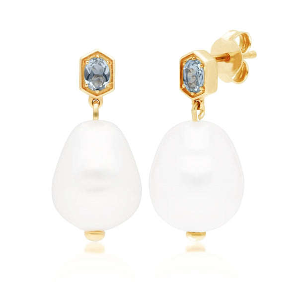 gemondo Modern Baroque Pearl & Aquamarine Drop Earrings in Gold vermeil