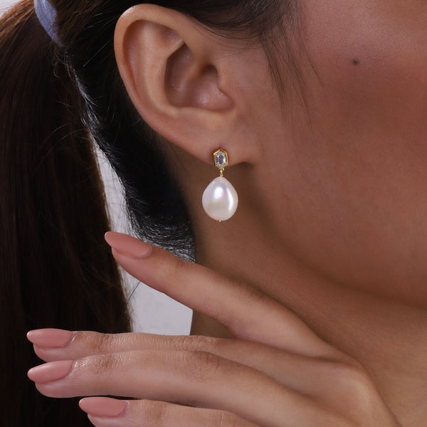 Gemondo Modern Baroque Pearl & Topaz Drop Earrings In Gold Plated Silver