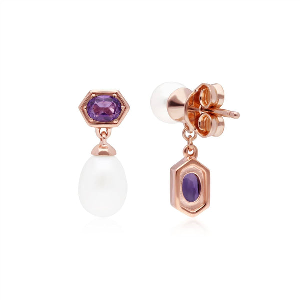 Gemondo Modern Pearl & Amethyst Mismatched Drop Earrings In Rose Gold Plated Silver