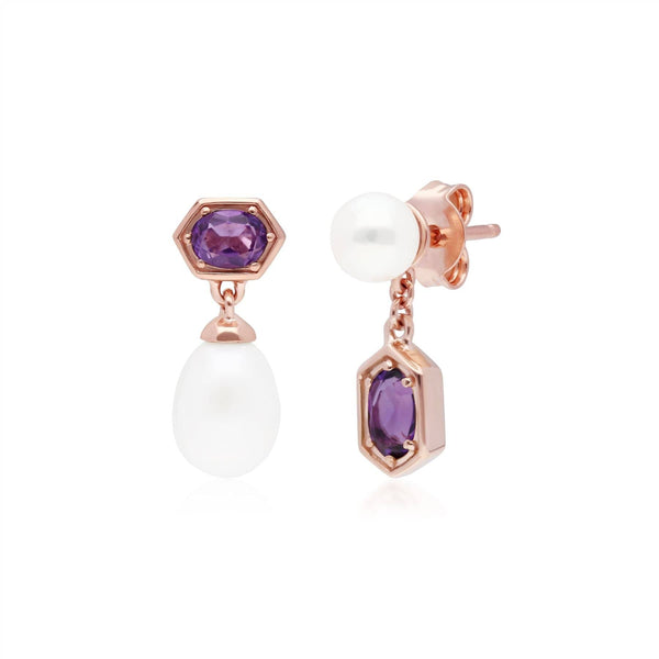 gemondo Modern Pearl & Amethyst Mismatched Drop Earrings in Rose Gold Plated Silver