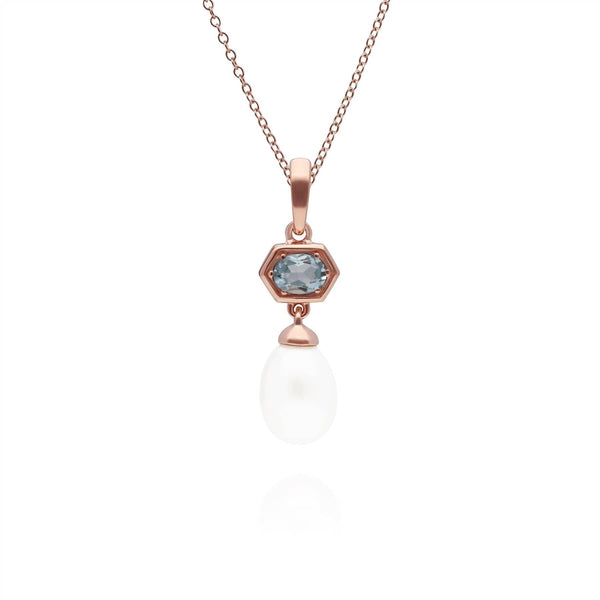 gemondo Modern Pearl & Aquamarine Hexagon Drop Pendant in Rose Gold Plated Silver