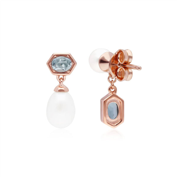 Gemondo Modern Pearl & Aquamarine Mismatched Drop Earrings In Rose Gold Plated Silver
