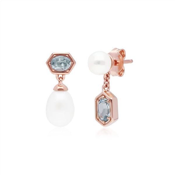 gemondo Modern Pearl & Aquamarine Mismatched Drop Earrings in Rose Gold Plated Silver