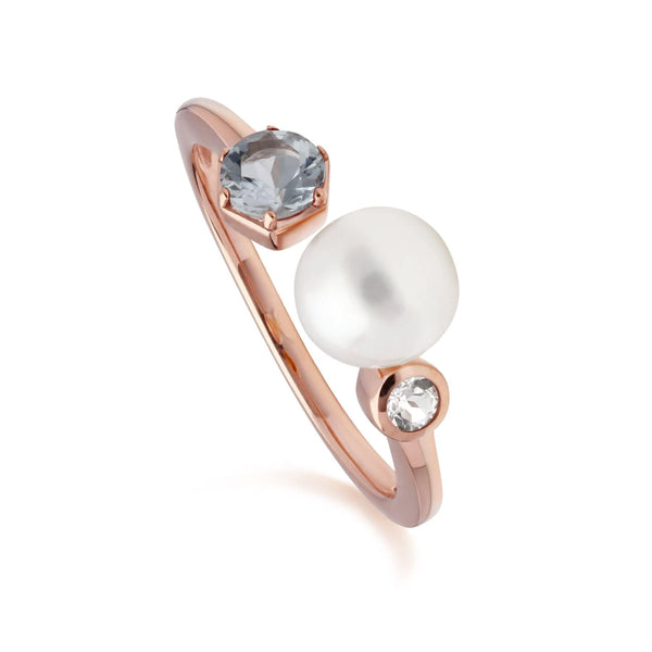 gemondo Modern Pearl Aquamarine & Topaz Open Ring in Rose Gold Plated Silver