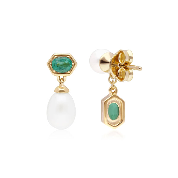 Gemondo Modern Pearl & Emerald Mismatched Drop Earrings In Gold Plated Silver