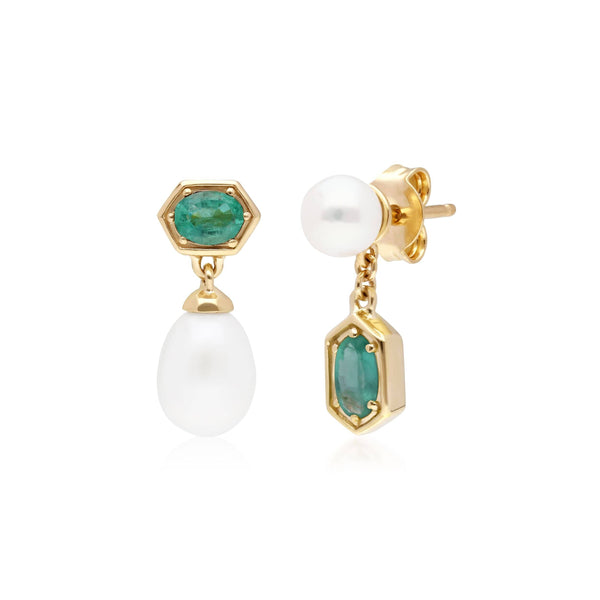 gemondo Modern Pearl & Emerald Mismatched Drop Earrings in Gold Plated Silver