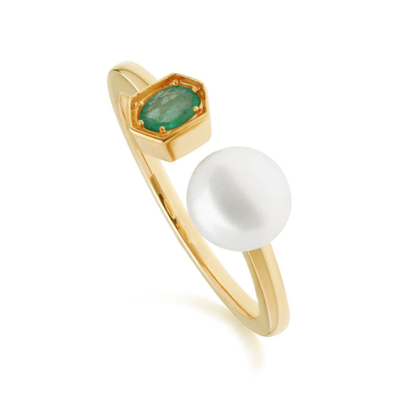 gemondo Modern Pearl & Emerald Open Ring in Gold Plated Silver