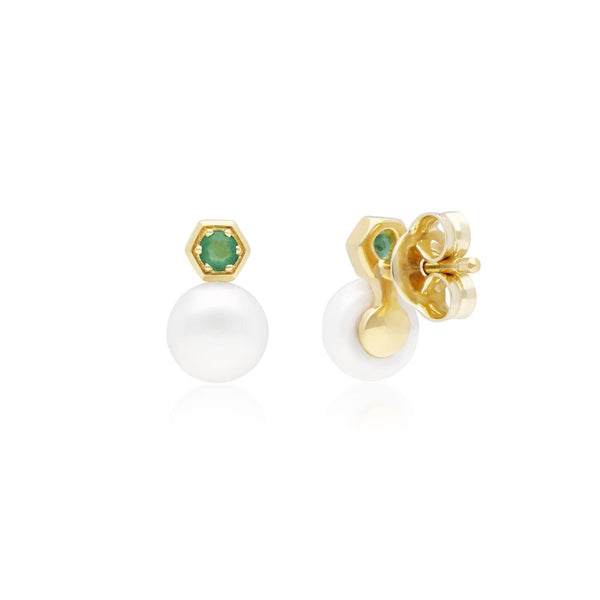 Gemondo Modern Pearl & Emerald Stud Earrings In 9ct Gold