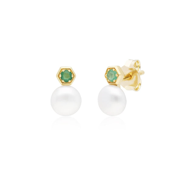 gemondo Modern Pearl & Emerald Stud Earrings in 9ct Gold