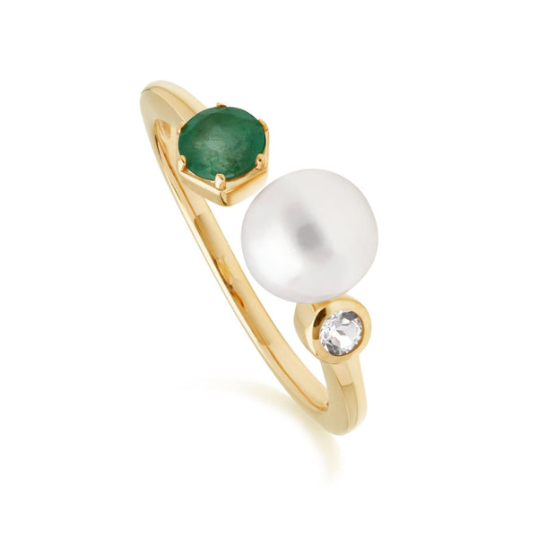 gemondo Modern Pearl Emerald & Topaz Open Ring in Gold Plated Silver