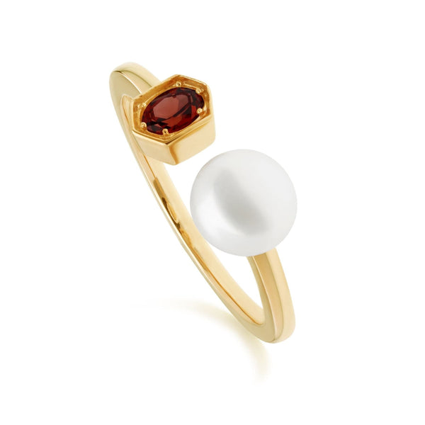 gemondo Modern Pearl & Garnet Open Ring in Gold Plated Silver