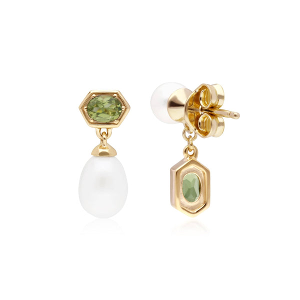 Gemondo Modern Pearl & Peridot Mismatched Drop Earrings In Gold Plated Silver
