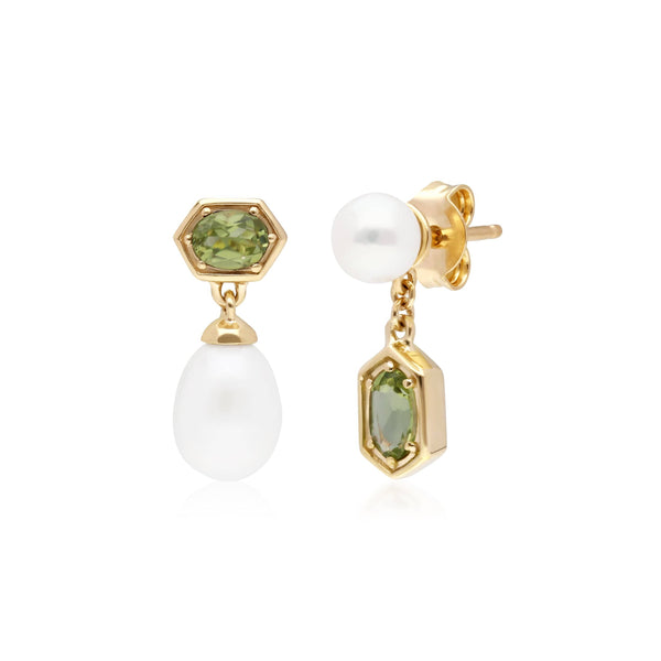 gemondo Modern Pearl & Peridot Mismatched Drop Earrings in Gold Plated Silver