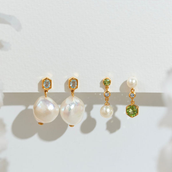 Gemondo Modern Pearl Peridot & Topaz Mismatched Drop Earrings In Gold Plated Silver