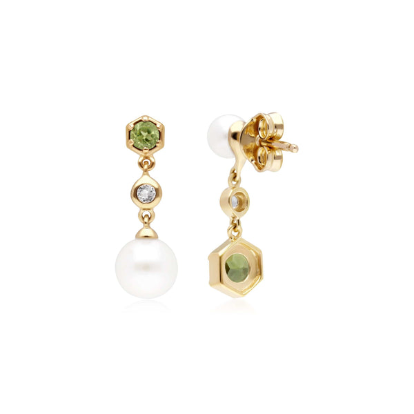 Gemondo Modern Pearl Peridot & Topaz Mismatched Drop Earrings In Gold Plated Silver