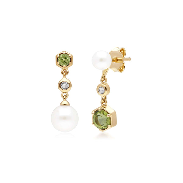 gemondo Modern Pearl Peridot & Topaz Mismatched Drop Earrings in Gold Plated Silver