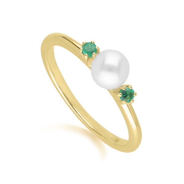 Gemondo Modern Pearl & Round Emerald Ring In 9ct Yellow Gold