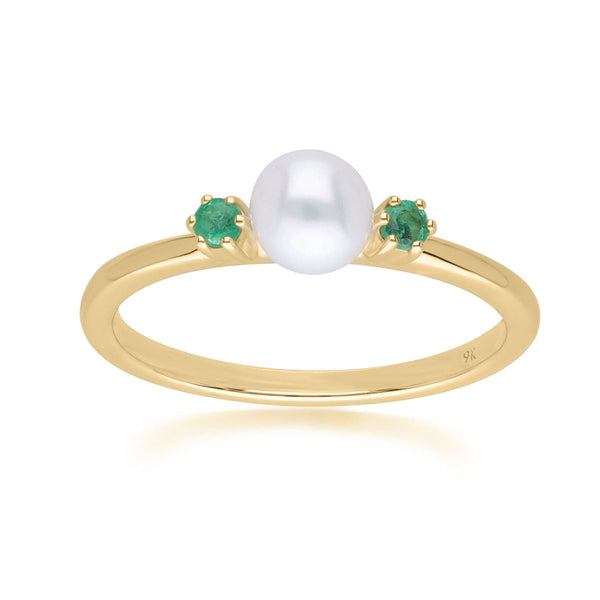 gemondo Modern Pearl & Round Emerald Ring in 9ct Yellow Gold