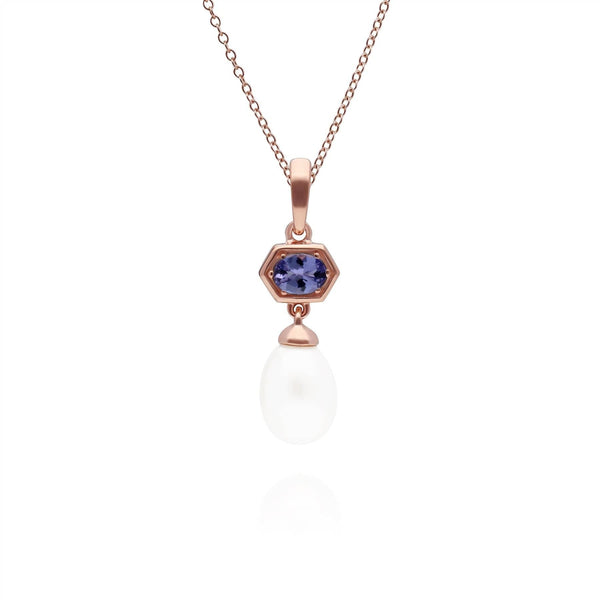 gemondo Modern Pearl & Tanzanite Hexagon Drop Pendant in Rose Gold Plated Silver