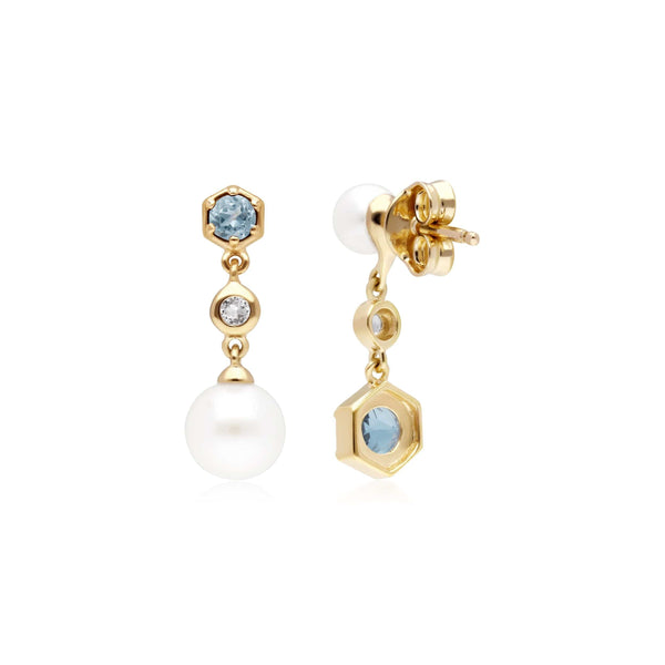 Gemondo Modern Pearl White & Blue Topaz Mismatched Drop Earrings In Gold Plated Silver