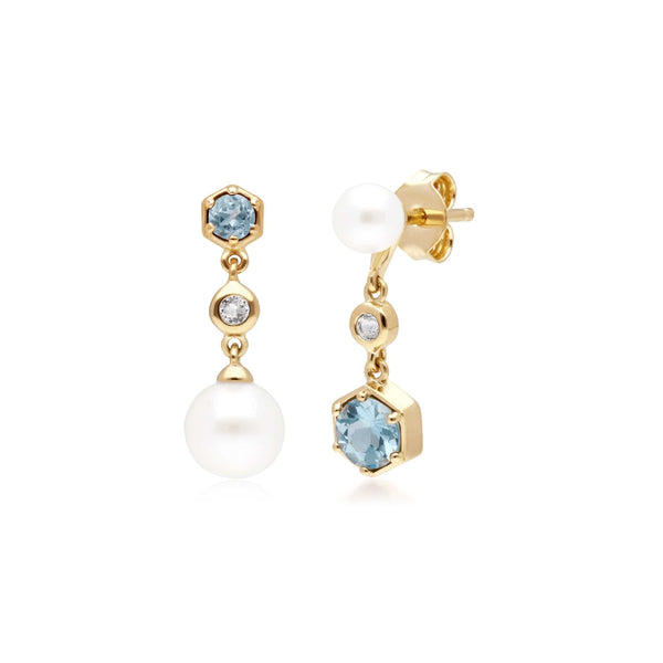 gemondo Modern Pearl White & Blue Topaz Mismatched Drop Earrings in Gold Plated Silver