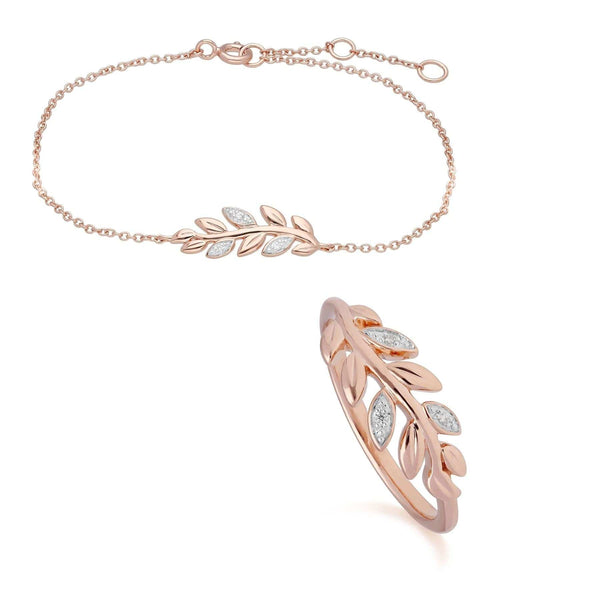 gemondo O Leaf Diamond Bracelet & Ring Set in 9ct Rose Gold