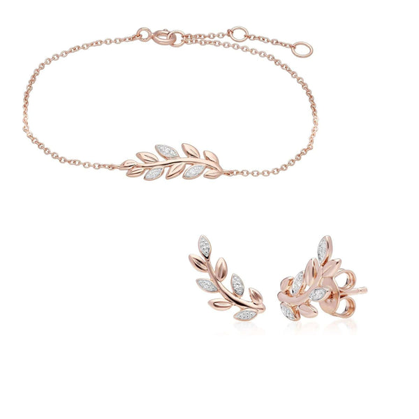 gemondo O Leaf Diamond Bracelet & Stud Stud Earring Set in 9ct Rose Gold