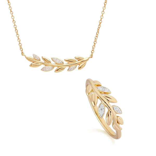 gemondo O Leaf Diamond Necklace and Ring Set in 9ct Yellow Gold