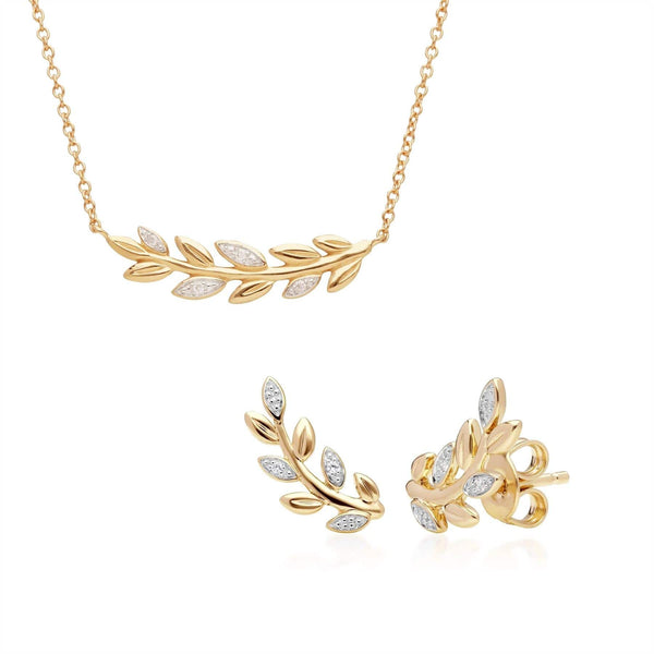 gemondo O Leaf Diamond Necklace and Stud Earring Set in 9ct Yellow Gold