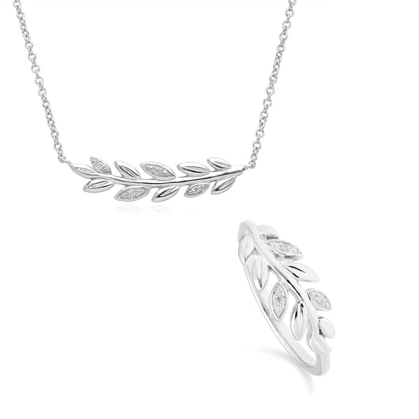 gemondo O Leaf Diamond Necklace & Ring Set in 9ct White Gold