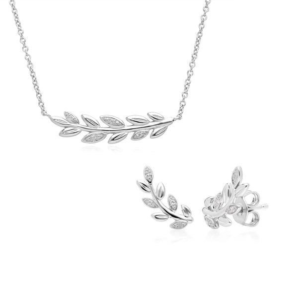 gemondo O Leaf Diamond Necklace & Stud Earring Set in 9ct White Gold