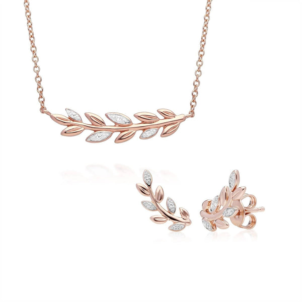 gemondo O Leaf Diamond Necklace & Stud Stud Earring Set in 9ct Rose Gold