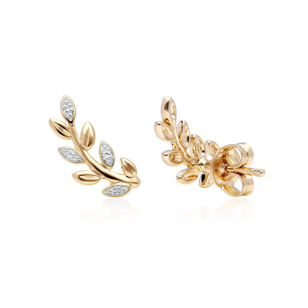 Gemondo O Leaf Diamond Pave Stud Earrings In 9ct Yellow Gold