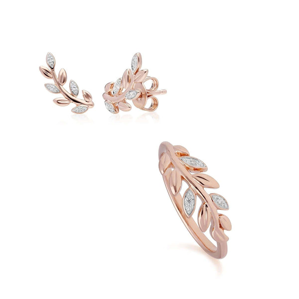 gemondo O Leaf Diamond Stud Earring & Ring Set in 9ct Rose Gold